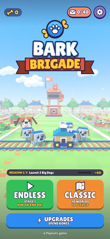 The Bark Brigade main menu by day: the logo over a sunny blocky backyard where puppies and their blue cart face a cat fortress flying a cat flag, with Endless, Classic and Upgrades buttons.