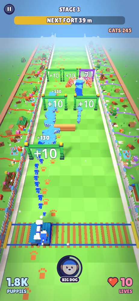 A stream of blue-bandana puppies runs up a green backyard lane through +10 gates toward a crowd of orange cats, with 1.8K puppies on the counter.