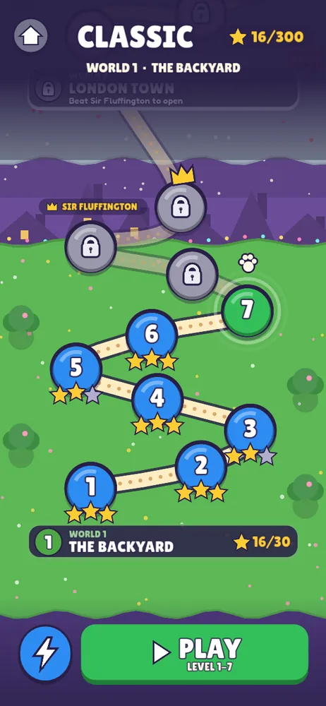 The Classic map: levels 1 to 6 of the Backyard world shine with gold stars, level 7 glows green, and a path climbs past a boss crown toward London Town.
