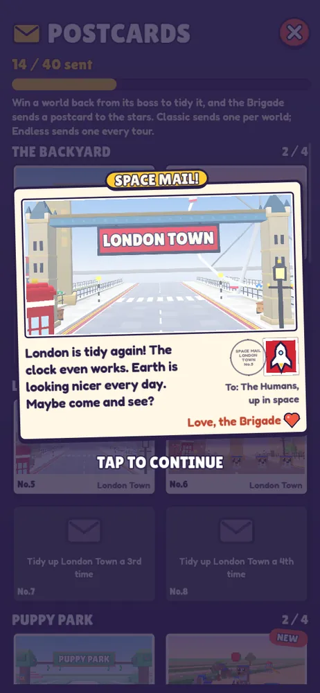 A "Space mail" postcard to the humans showing London Town, signed by the Brigade: "London is tidy again! The clock even works. Earth is looking nicer every day. Maybe come and see?"