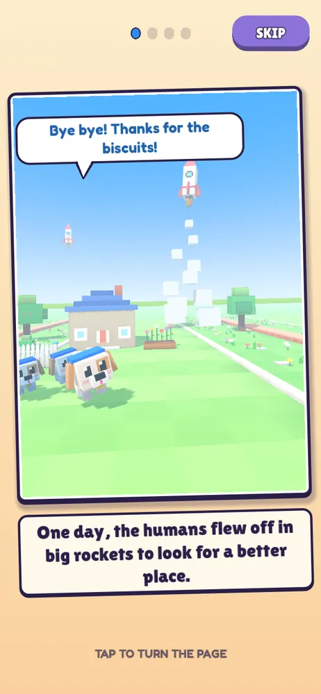 A page of the intro comic: a puppy waves as rockets lift off over a blocky village, captioned "One day, the humans flew off in big rockets to look for a better place."