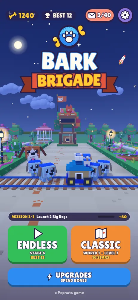 The main menu at night: a moon and stars over the park, with the puppies and their cart in front of the cat fortress.